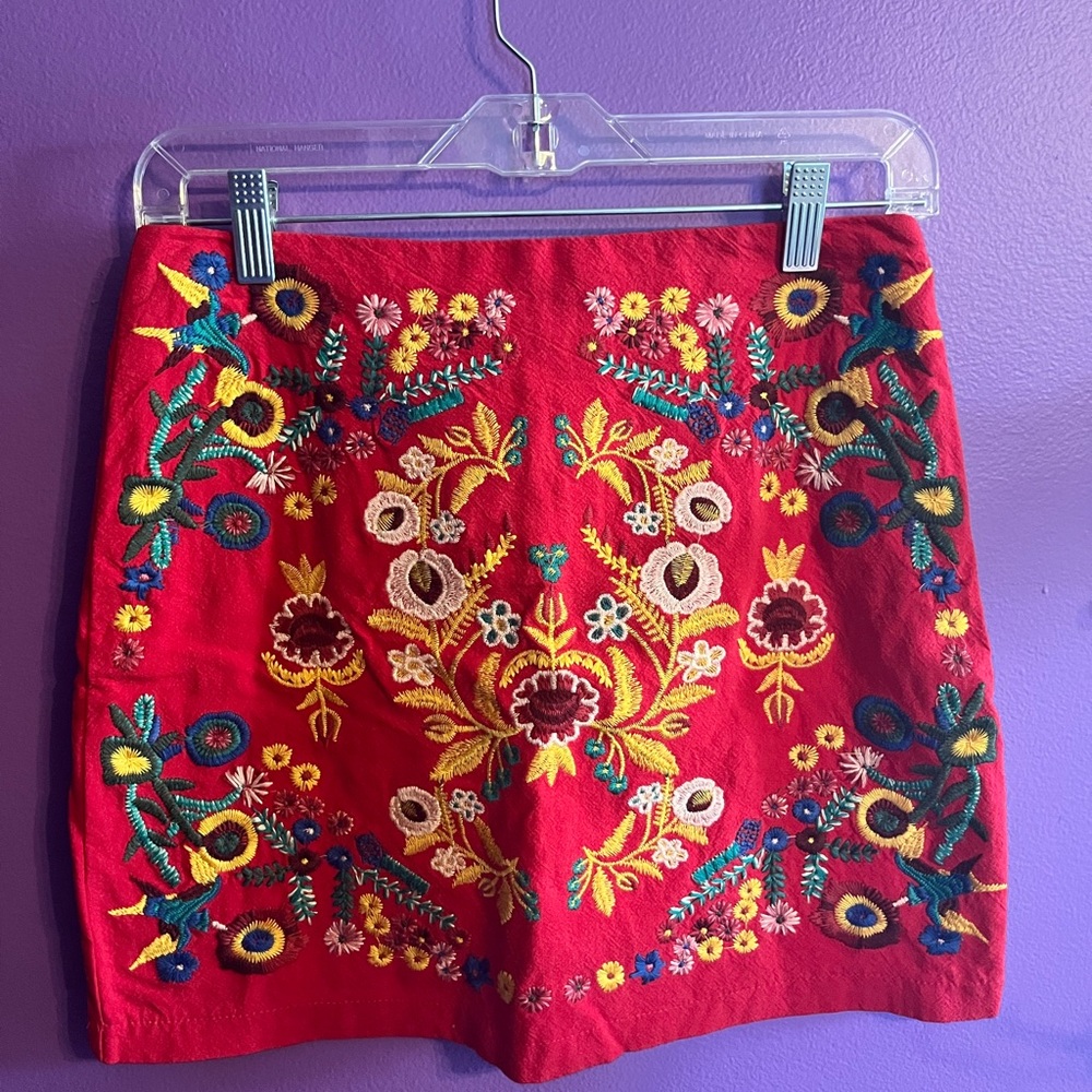 Embroidered Floral Red Skirt